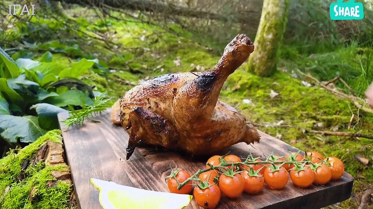 Cooking chicken and potatoes in the forest