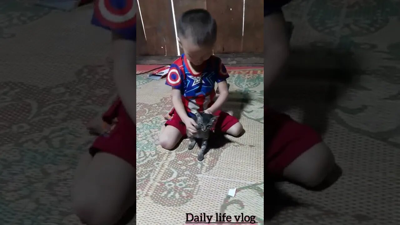 boy and cat playing together