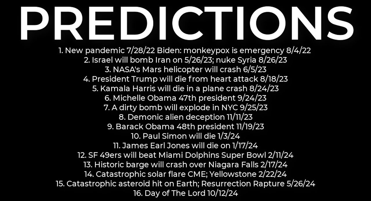 PREDICTIONS: Harris plane crash 8/24; Israel nuke Iran 5/26; Trump will die 8/18; bomb NYC 9/25