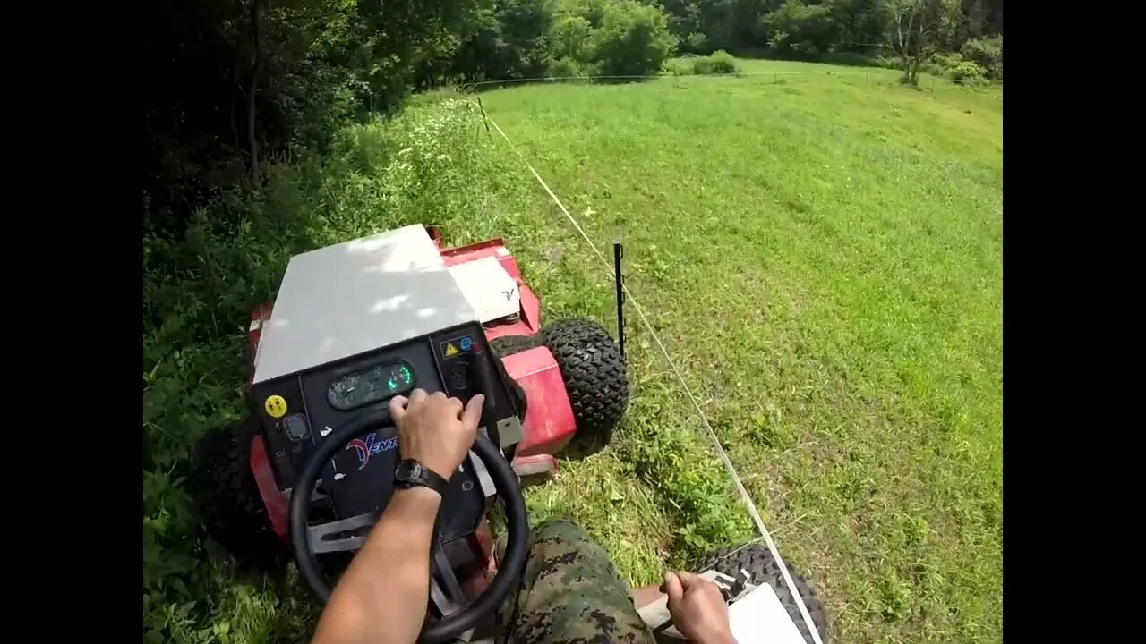 Ventrac 4500Y diesel Using TOUGH CUT! Tall grass and weeds and I mow a metal tee post.