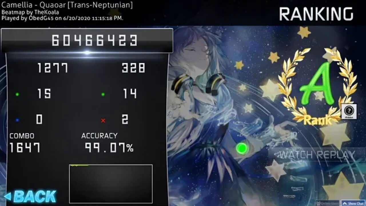 osu! Camellia - Quaoar [Trans-Neptunian] 6.17* | 99.07% (1647/1884) 2x miss