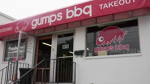 The front door of Gump's Barbecue has been broken in three times over the past year and replaced three times.