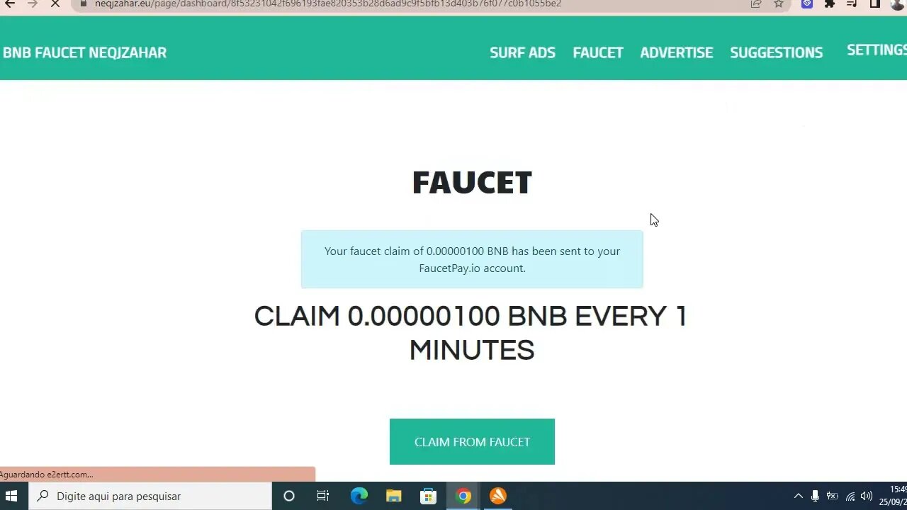 Faucet BNB cada um minuto via faucetpay