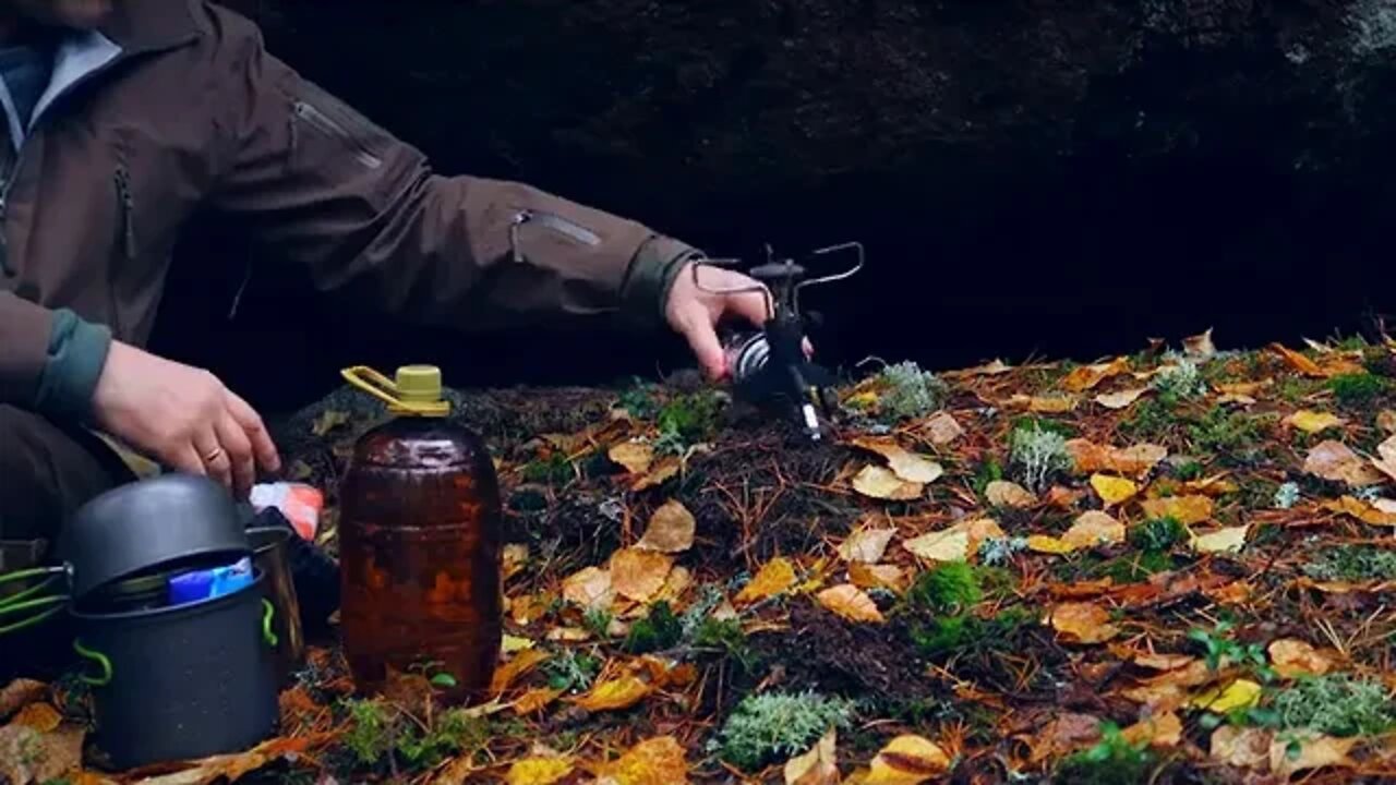 Autumn bushcraft hiking in the rainy fores...13