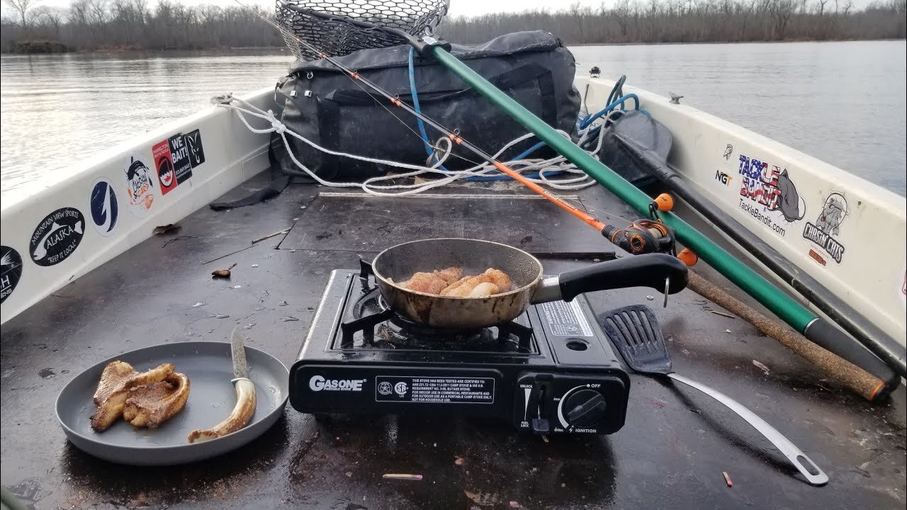 Winter Camping on Modified Skiff - Fishing Catch & Cook and Catfishing Remote Rivers