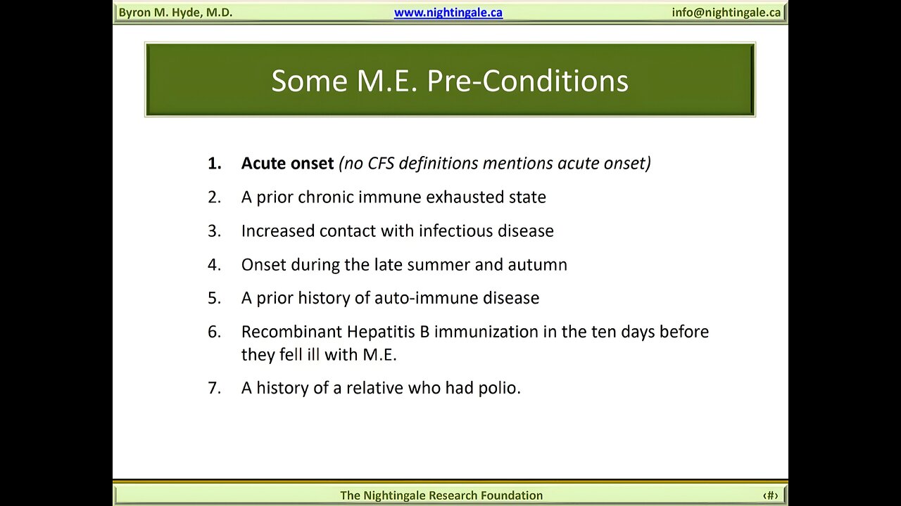 Some "Myalgic Encephalomyelitis (M.E.)" Pre-Conditions - Byron Hyde, MD