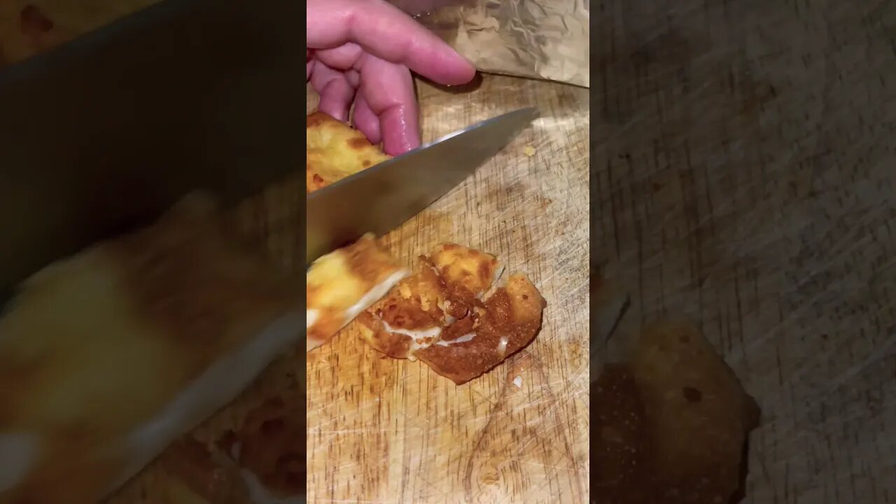 Hot crunchy crinkle cheesy bread slice ASMR
