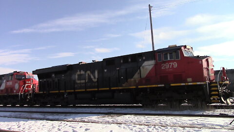Manifest Train CN 2979 & CN 3838 Locomotives Westbound In Ontario