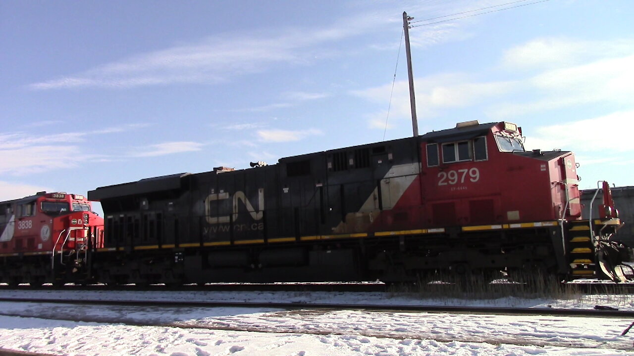 Manifest Train CN 2979 & CN 3838 Locomotives Westbound In Ontario