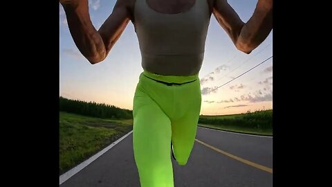 Early AM Scooter warmup before main strength workout day in triggering bright lime leggings PT2