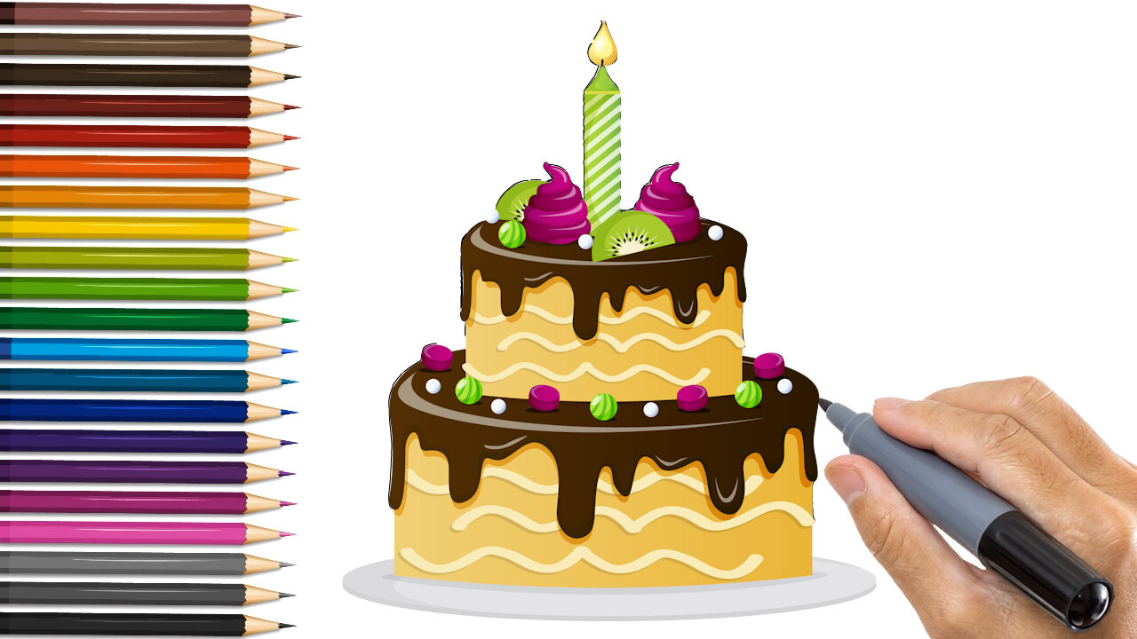 How to Draw a Birthday Cake - Cute Birthday Cake Drawing - Draw birthday cake with Kashif kids