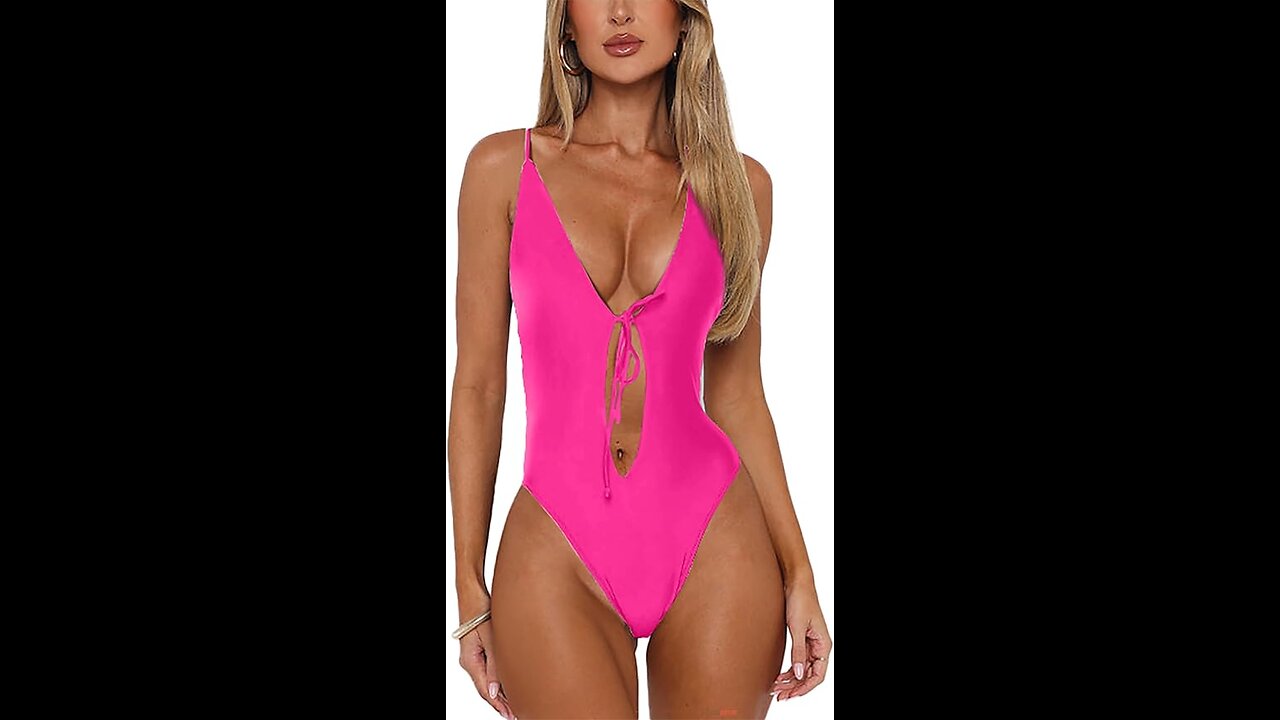 HYPERFIRE Women's Sexy Deep V Neck One Piece Bathing Suit Tie Front High Cut Monokini Swimsuit