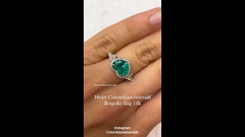 Bespoke AAA heart Cut Colombian emerald and kite shaped three stone halo ring 18K