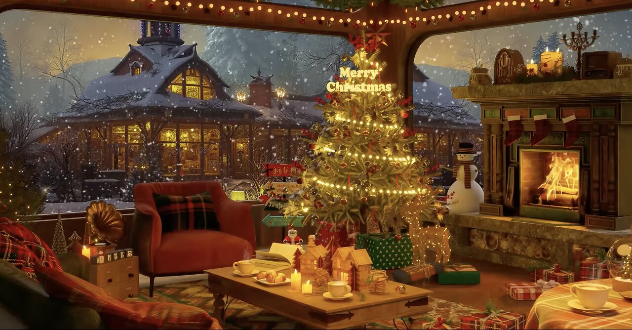 Smooth Christmas Jazz Music with Snowing & Fireplace to Relax 🎄🎅 Christmas 2025 at Cozy Coffee Shop