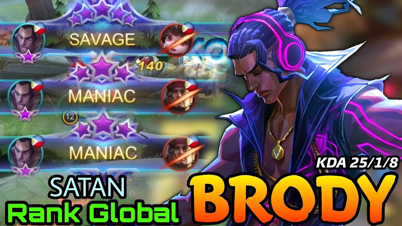 Top1 Global 25 Kills Brody S.T.U.N New Skin Gameplay - Top Global Brody by SATAN - MLBB