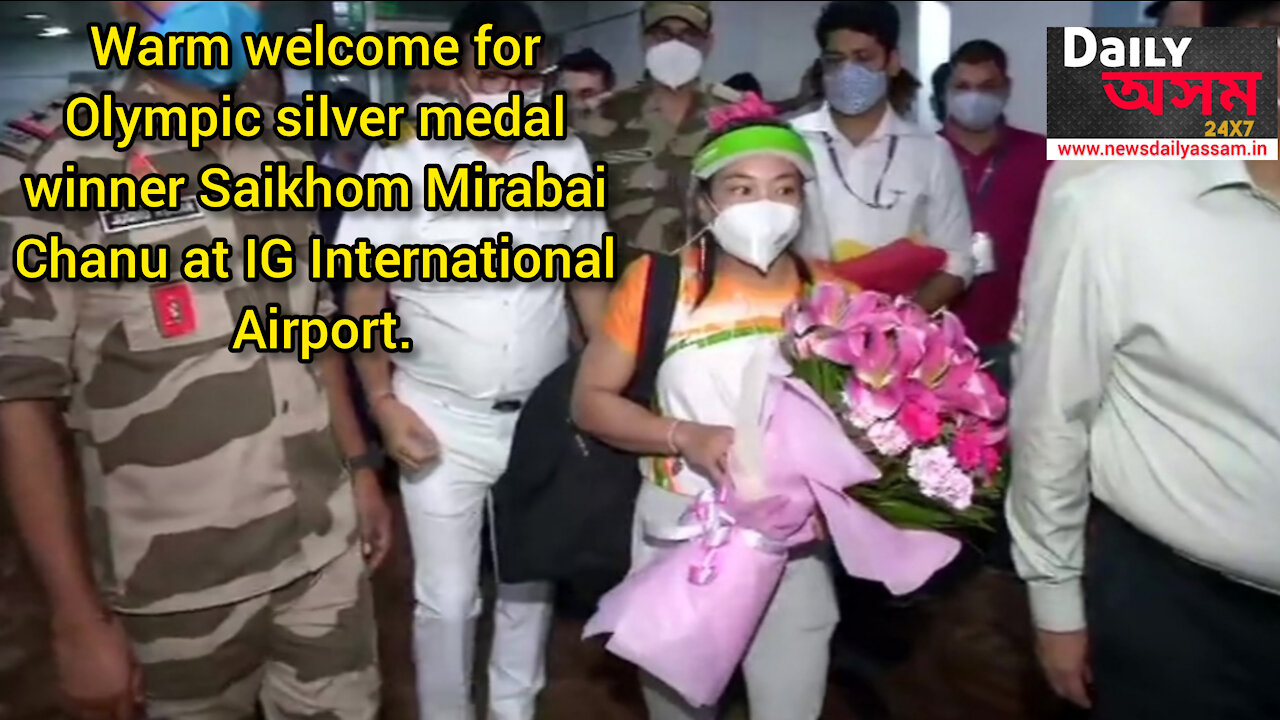 Warm welcome for Olympic silver medal winner Saikhom Mirabai Chanu at IG International Airport.