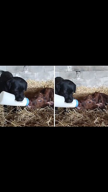Carrying pup holds milk bottle for newborn calf