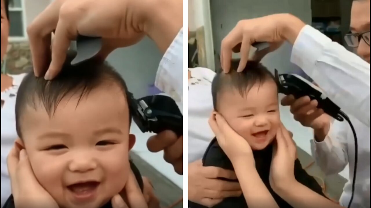 Baby can't stop laughing when cutting her hair