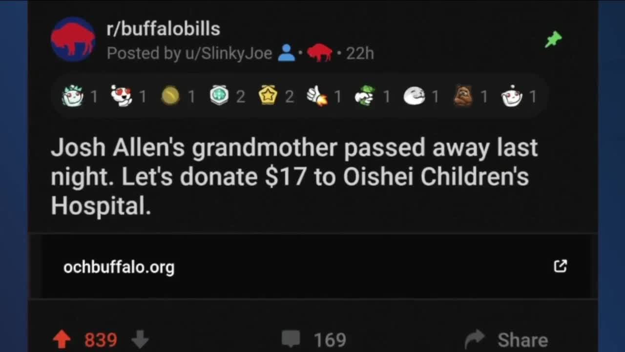 Bills Mafia raises more than $100,000 for Oishei in honor of Josh Allen's grandmother