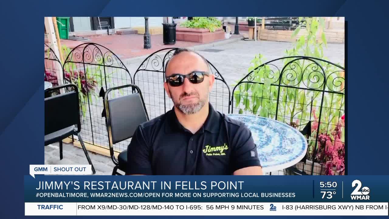 Jimmy's Restaurant in Fells Point says "We're Open Baltimore!"