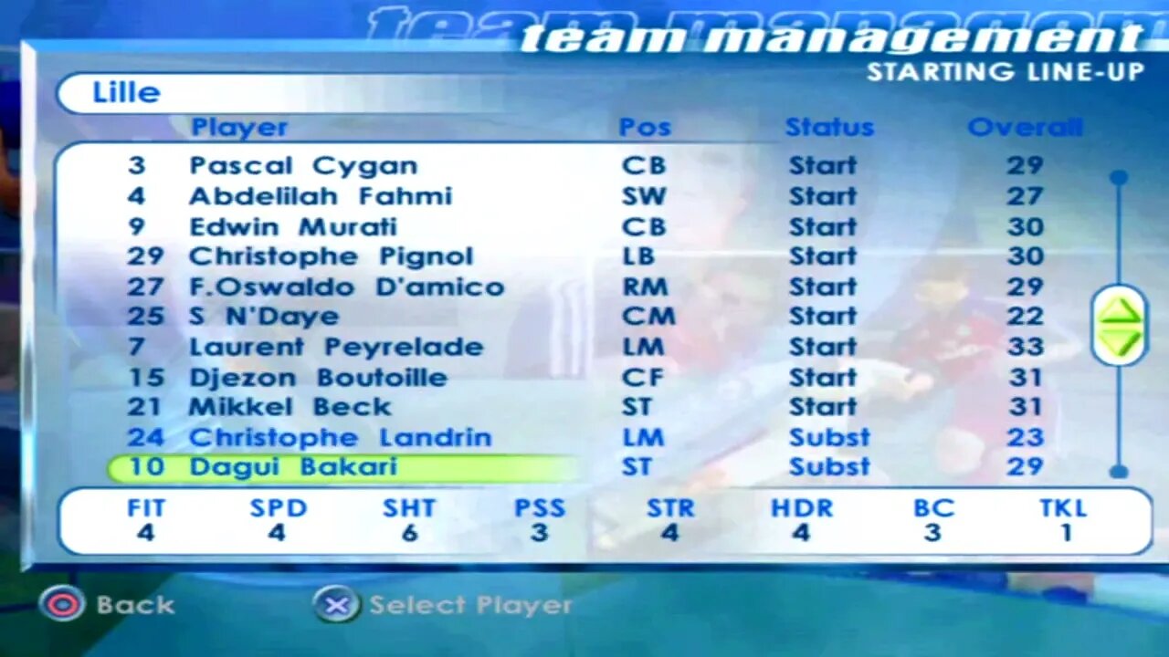 FIFA 2001 Lille Overall Player Ratings