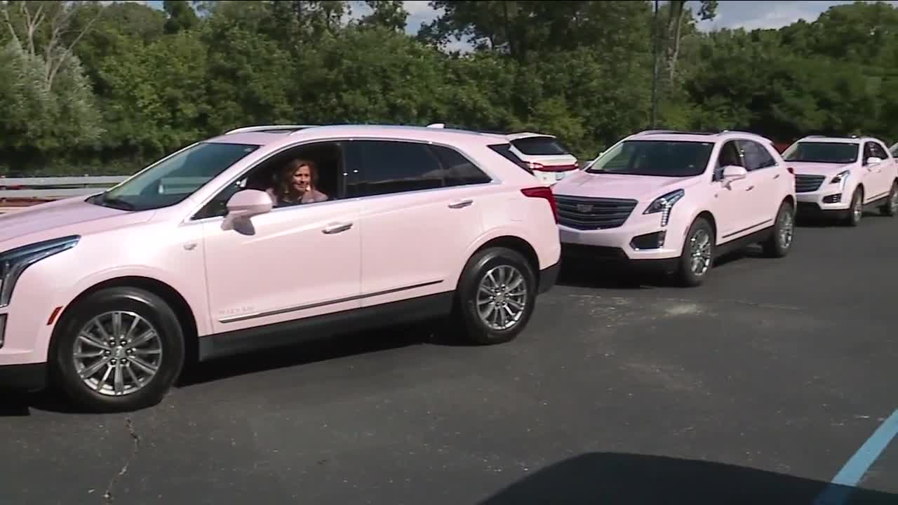 Motorcade of pink Cadillacs coming to Aretha Franklin's funeral