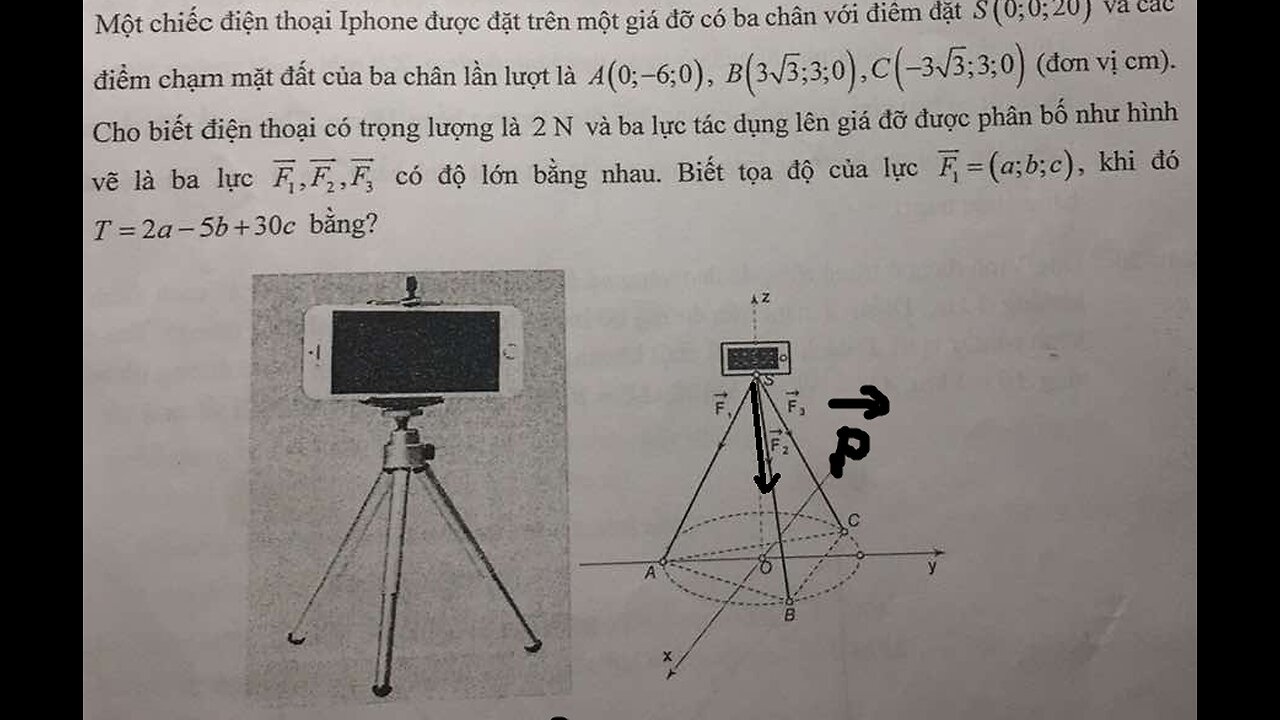 Một chiếc điện thoại Iphone được đặt trên một giá đỡ có ba chân với điểm đặt S (0;0;20)