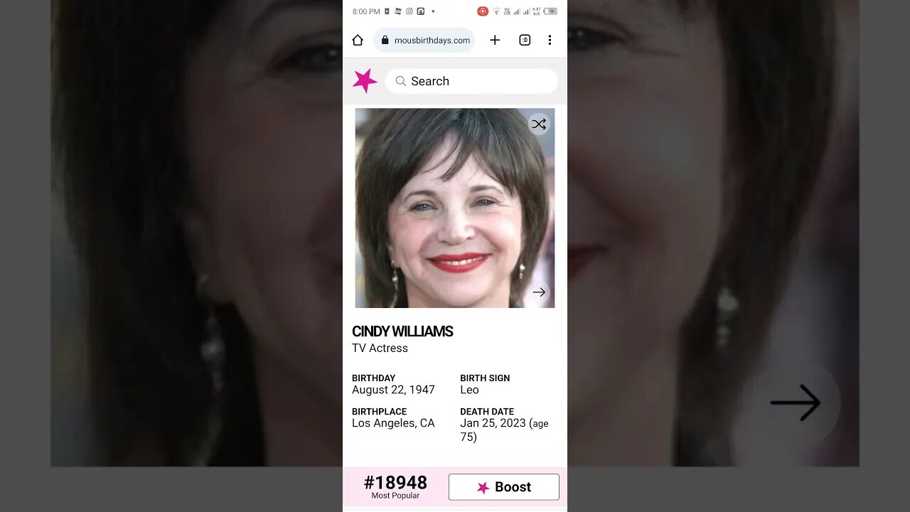 HAPPY BIRTHDAY CINDY WILLIAMS 1947 - 2023