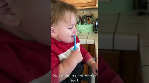 Baby brushes his teeth