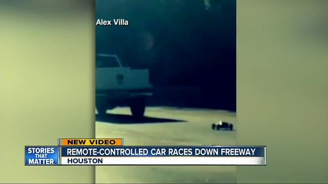 Remote controlled car is video-recorded driving on highway in Texas