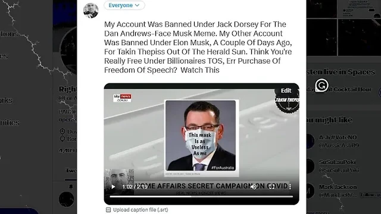 My For Australia Account Was Banned Under Jack Dorsey, Now My Takin Thepiss Account Under Elon Musk