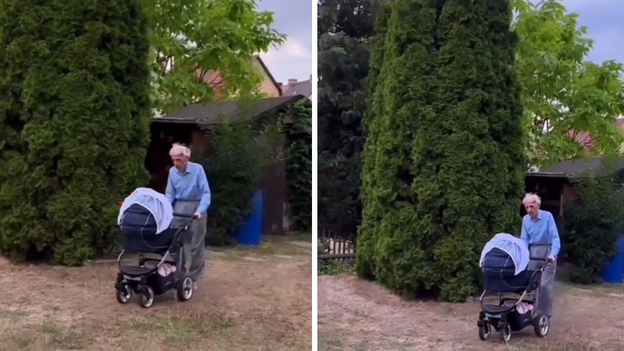 95-year-old grandpa pushes baby in stroller so mom can enjoy her meal