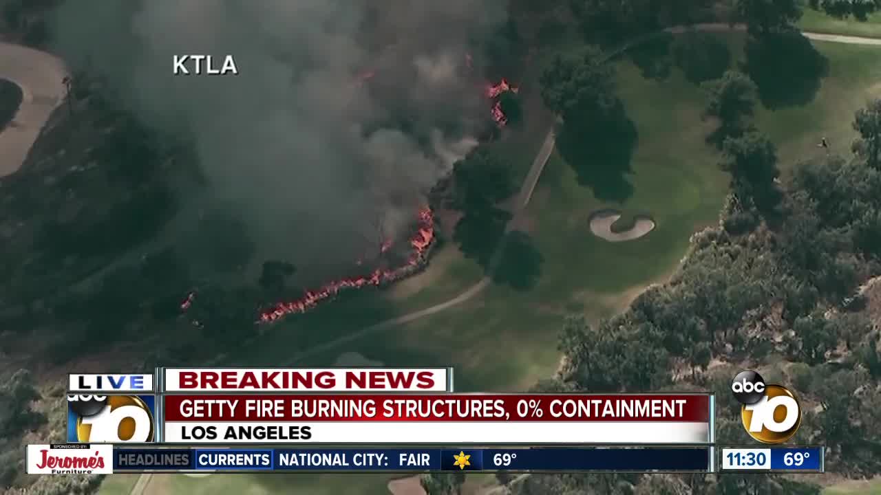 Fire near Getty Center in Los Angeles shuts down roads, forces evacuations
