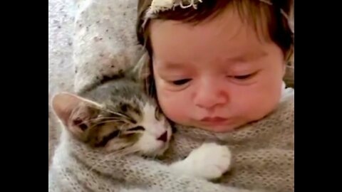 Cute baby sleeping with cat - Cat love baby