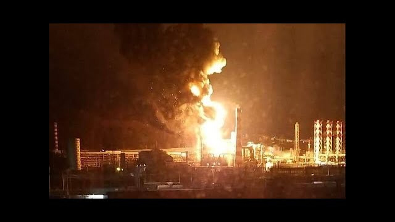 Drone attack on Lukoil oil refinery company in Russia - image of a powerful explosion