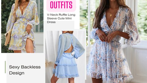 V Neck Ruffle Long Sleeve Mini Dress