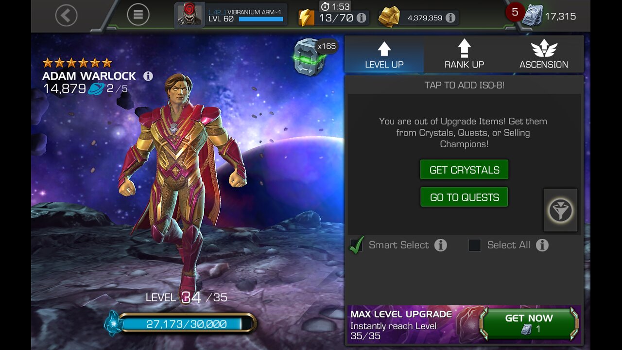 rank 2 6* level up Adam warlock unfortunately ran out of iso