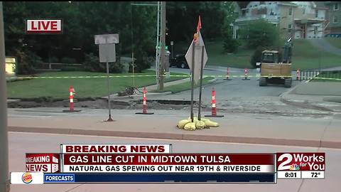 Crews working water leak strike gas line in Midtown Tulsa