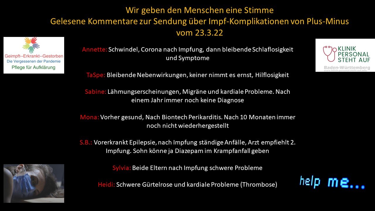 Wir geben den Menschen eine Stimme. Gelesene Kommentare Sendung ARD Impfkomplikationen Teil 3
