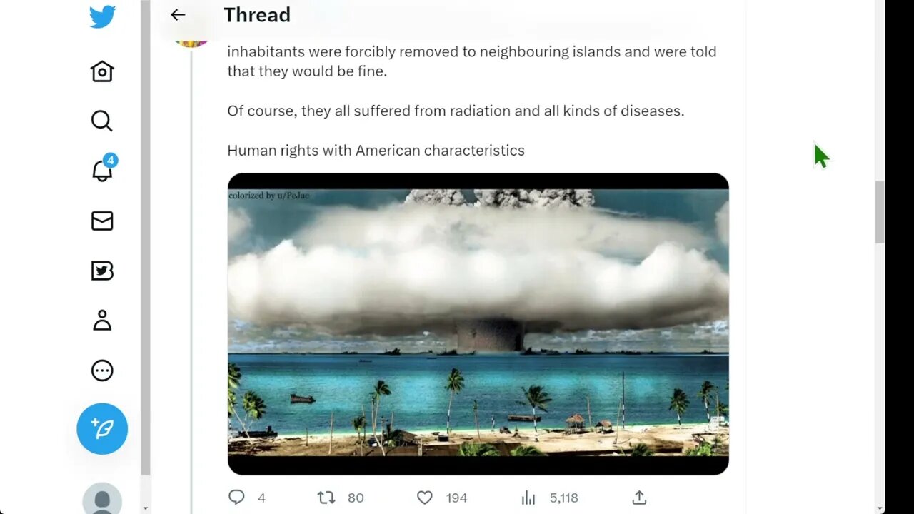 為了試驗原子彈和氫彈，馬紹爾群島的居民被強行遷移到鄰近的島嶼，並被告知他們會沒事的。 當然，他們都遭受過輻射和各種疾病的折磨。