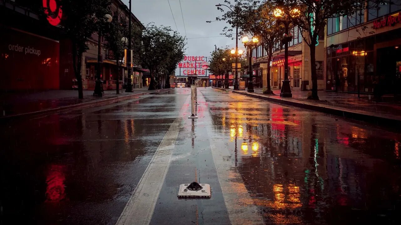 Evening rain over Pike Street in Seattle, Washington