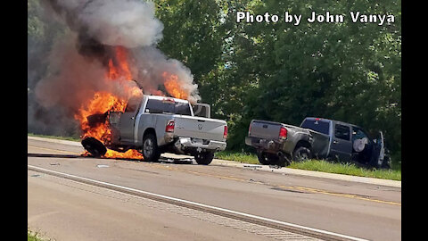 PICKUPS COLLIDE, 1 CATCHES FIRE, SCHWAB CITY TEXAS, 07/25/21...