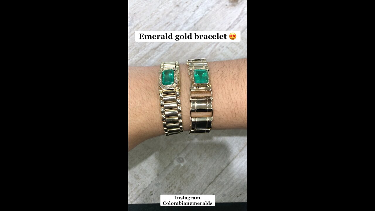 Yellow Gold Emerald cut natural Colombian emerald link gold bracelet in 14K