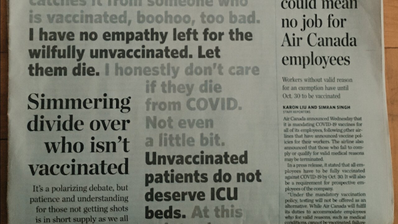 Toronto Star Promotes Hate Towards Unvaccinated "Let Them Die"