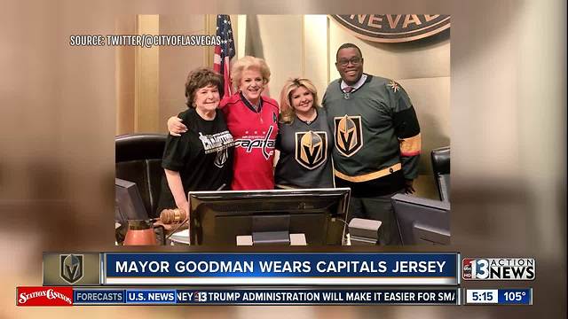 Mayor Goodman honors bet, wears Capitals jersey