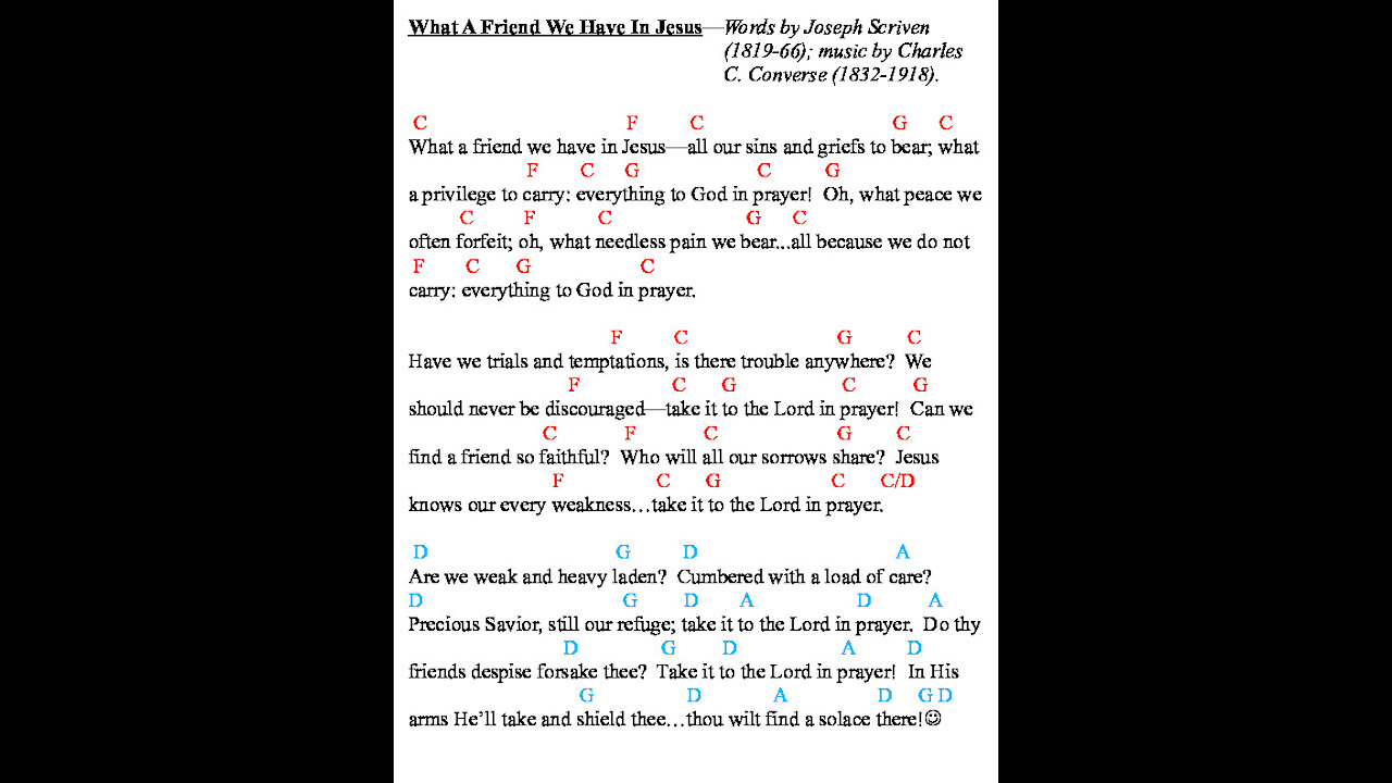 What A Friend We Have In Jesus - Key of C to D (last verse) - Walter Fisher