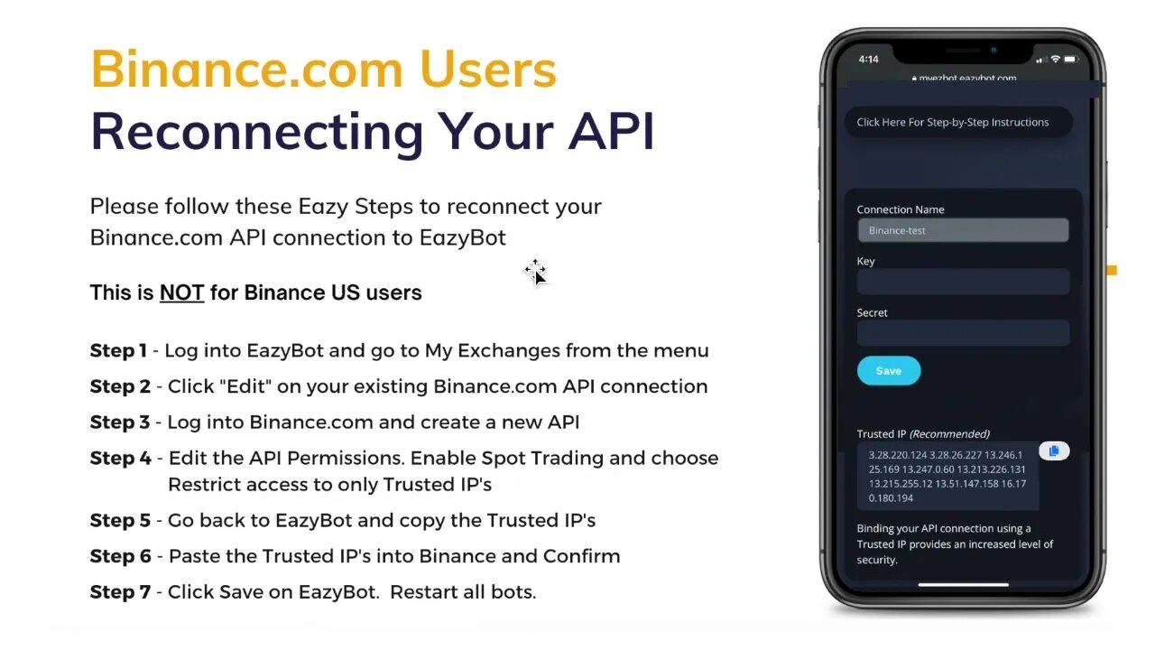 How to edit EazyBot API keys for Binance dot com