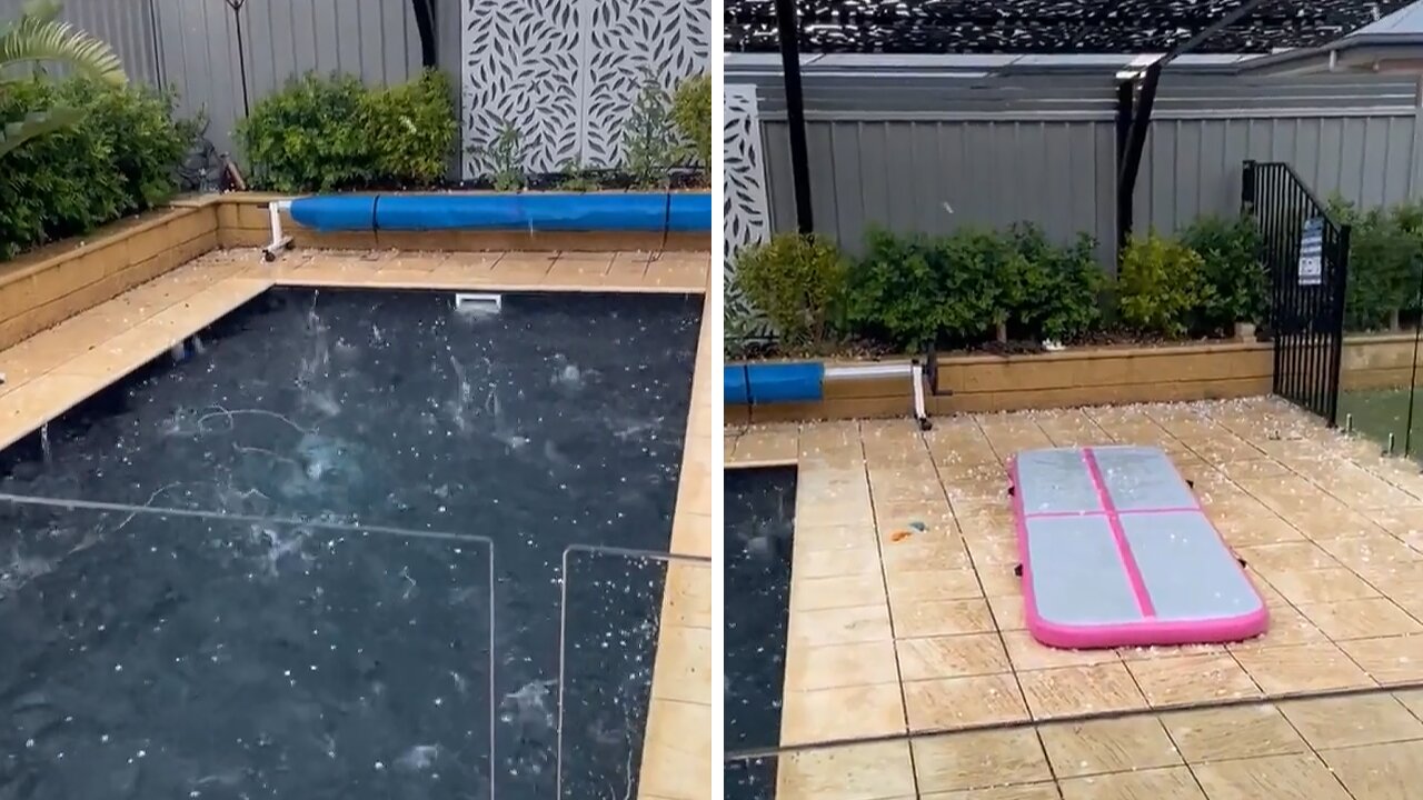 Insane hailstorm caught on camera hitting backyard pool