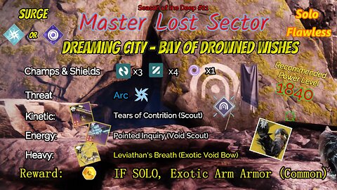 Destiny 2 Master Lost Sector: Dreaming City - Bay Drowned Wishes on Void Hunter Solo-Flawless 8-5-23