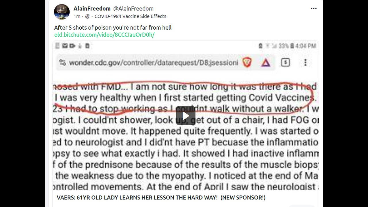 VAERS: 61YR OLD LADY LEARNS HER LESSON THE HARD WAY! (NEW SPONSOR!)